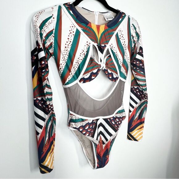 BFYNE One Piece Bathing Suit Long Sleeve Mesh Cut Out Medium EUC - Picture 2 of 11
